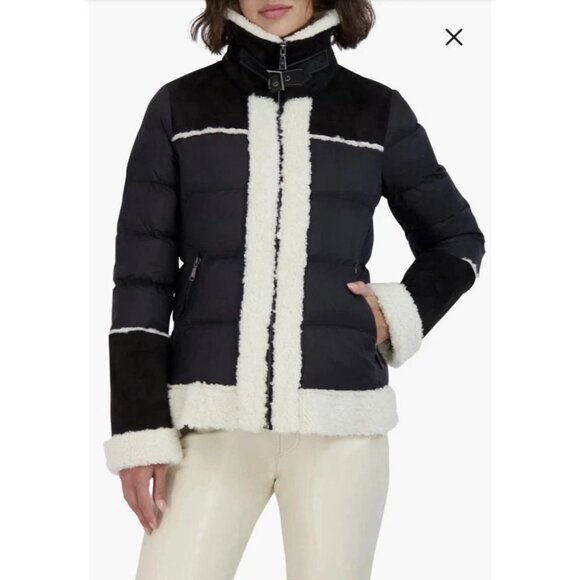 Tahari Black Selena Faux Shearling Trim Jacket Coat Size L Outdoor Winter Fall - Picture 4 of 14